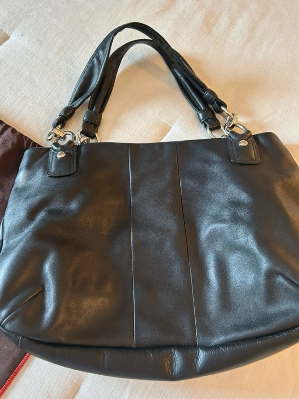Coach Black Leather Shoulder Tote with Front Pocket - Picture 2 of 6